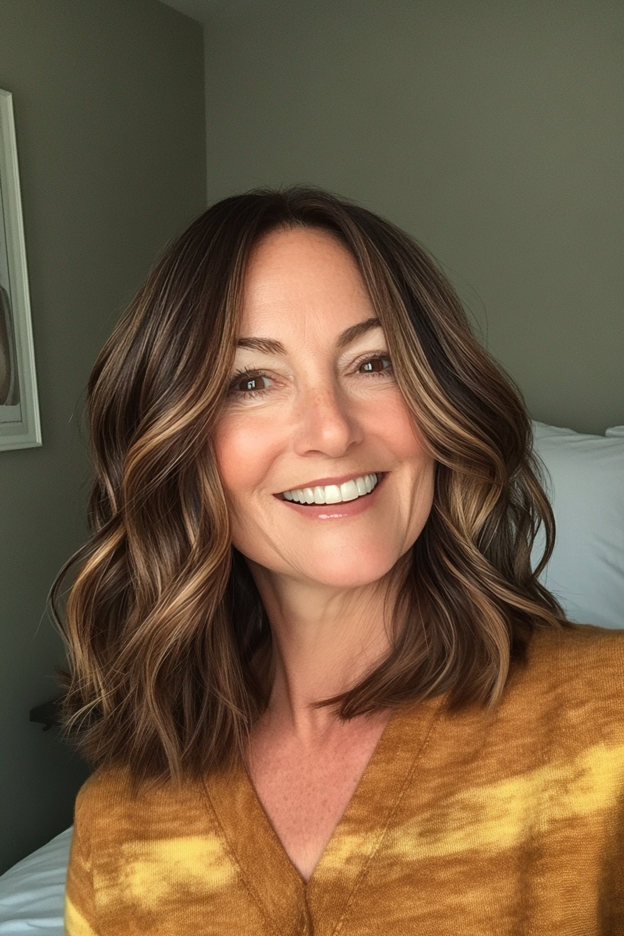 11. Wavy Lob with Dark Honey Brown (Best Haircuts For Older Women) - Best Haircuts For Older Women