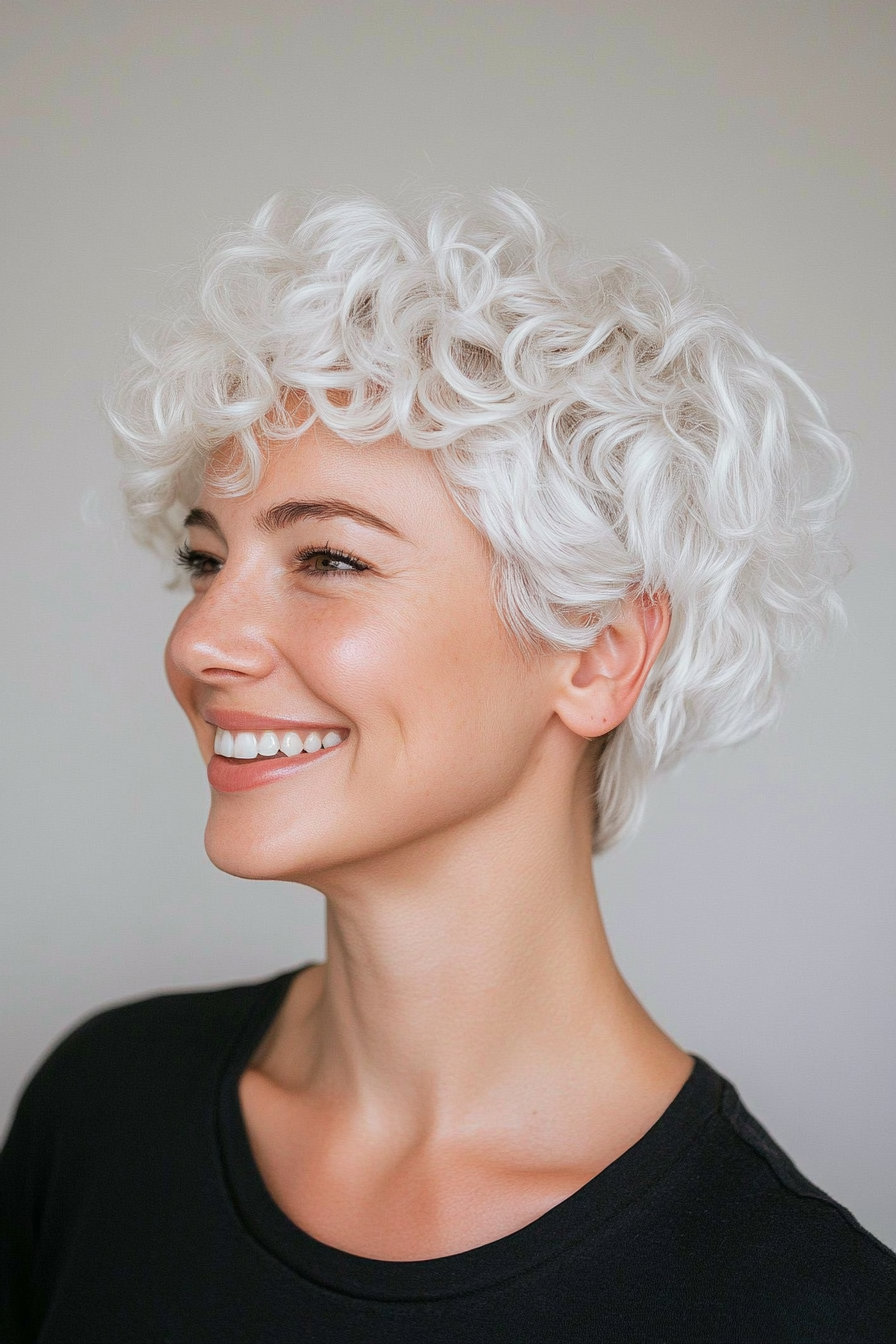 15. Curly Pixie with Natural White Hair (Best Haircuts For Older Women) - Best Haircuts For Older Women