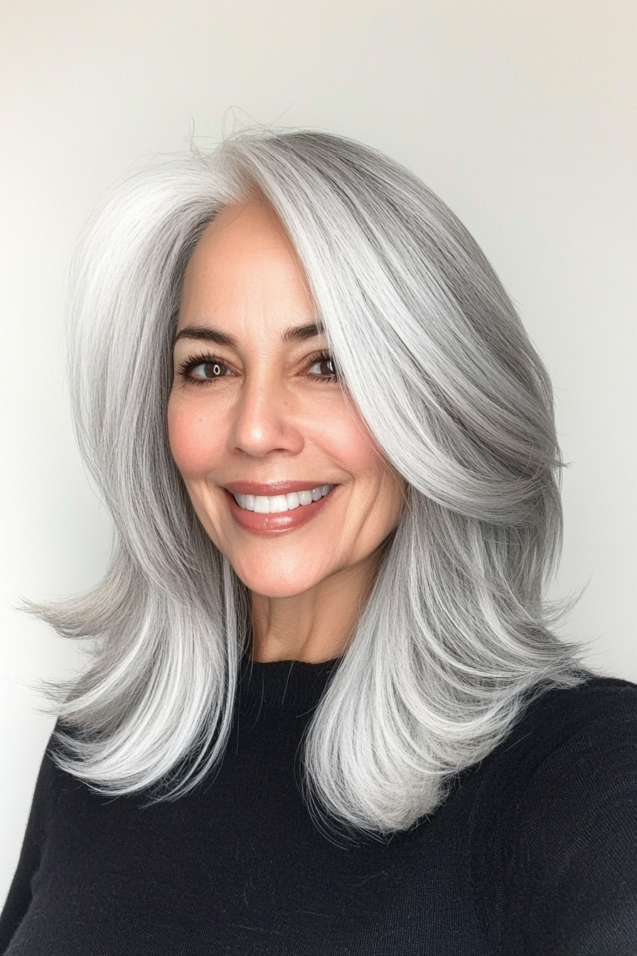20. Mid-Length Cut with Frosted Gray Layers (Best Haircuts For Older Women) - Best Haircuts For Older Women