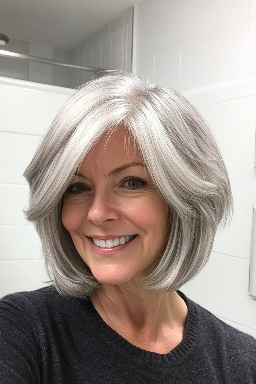 21. Short Layered Bob in Silver Ash (Best Haircuts For Older Women) - Best Haircuts For Older Women