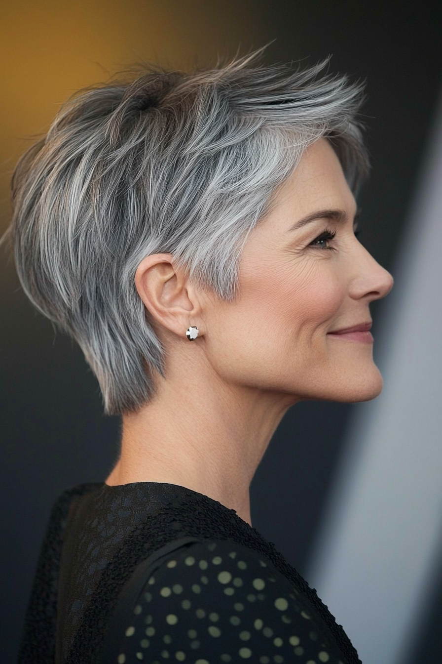 24. Cropped Layers with Natural Gray Streaks (Best Haircuts For Older Women) - Best Haircuts For Older Women
