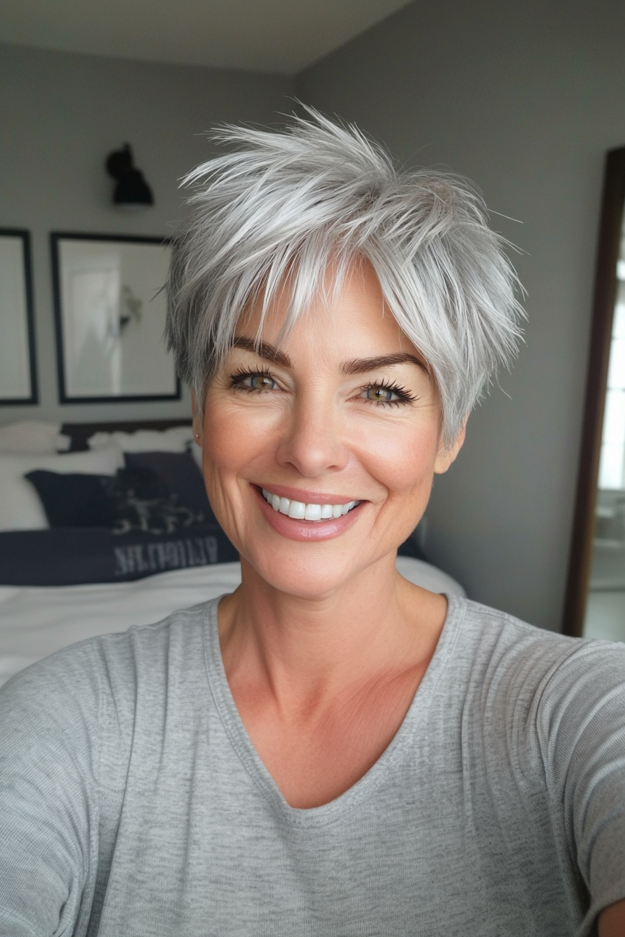 4. Layered Silver Pixie Cut (Shorter Haircuts For Older Women) - Shorter Haircuts For Older Women