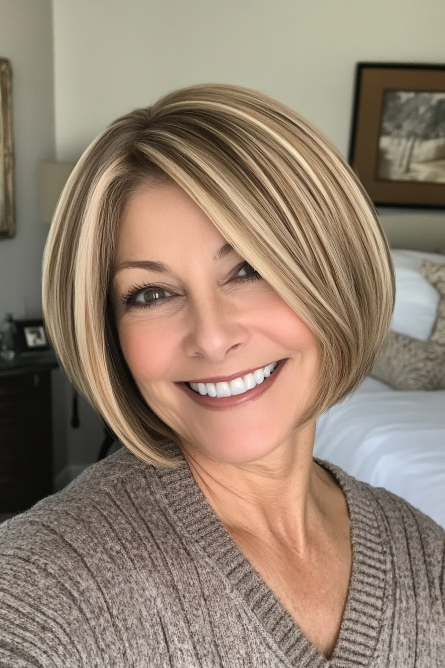 5. Chin-Length Bob with Sandy Blonde Highlights (Shorter Haircuts For Older Women) - Shorter Haircuts For Older Women
