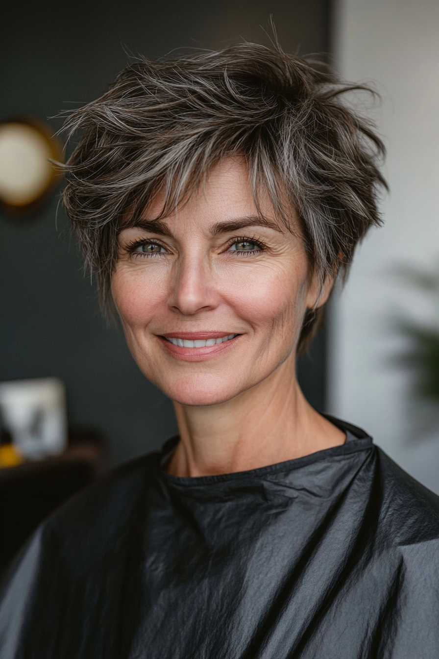 7. Short Layered Cut with Salt and Pepper Blend (Shorter Haircuts For Older Women) - Shorter Haircuts For Older Women