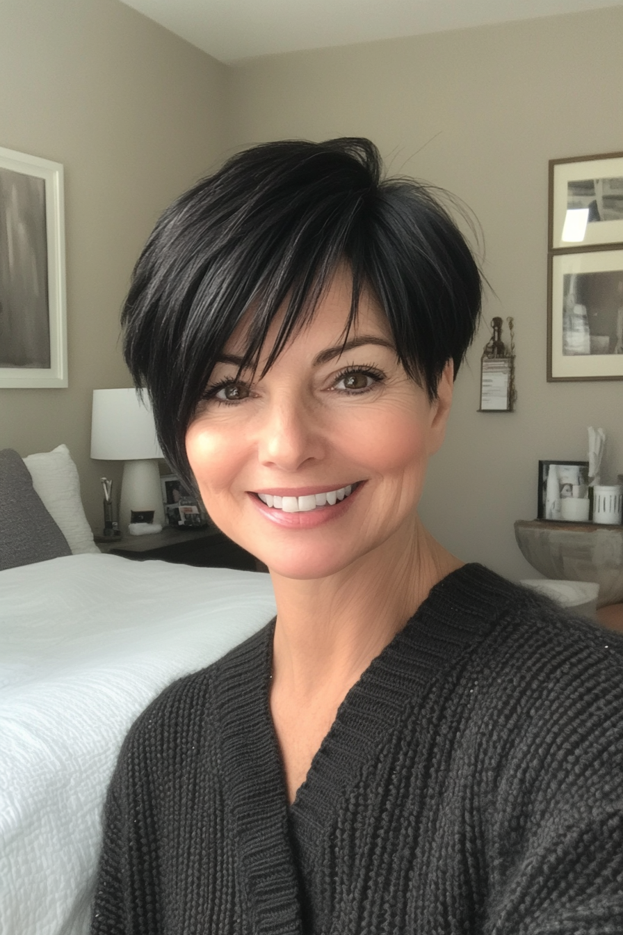 10. Pixie with Side-Swept Bangs in Natural Black (Shorter Haircuts For Older Women) - Shorter Haircuts For Older Women