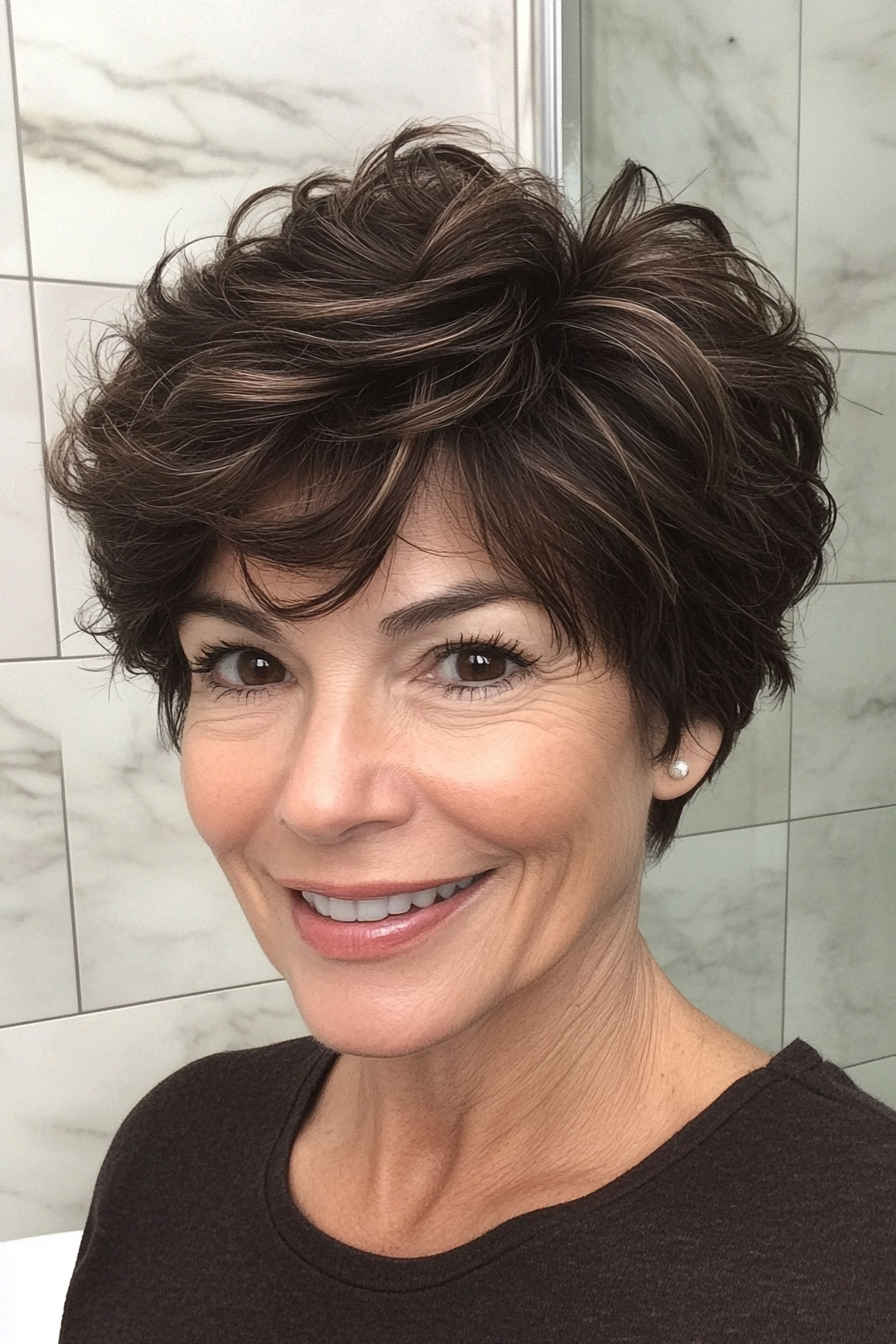 14. Tousled Taper Cut in Dark Brown (Shorter Haircuts For Older Women) - Shorter Haircuts For Older Women