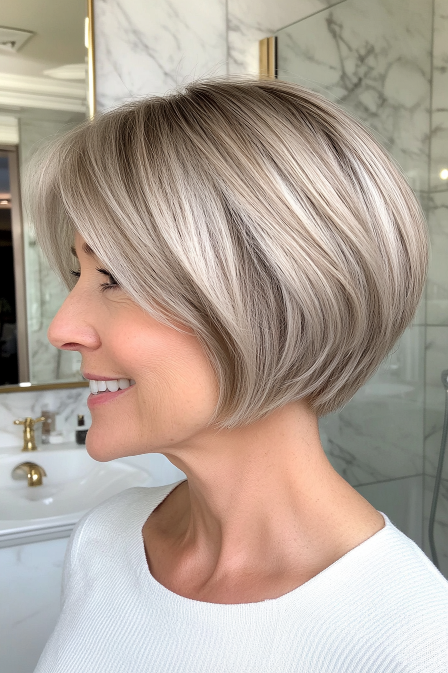 15. Cropped Bob with Crown Layers in Ash Blonde (Shorter Haircuts For Older Women) - Shorter Haircuts For Older Women