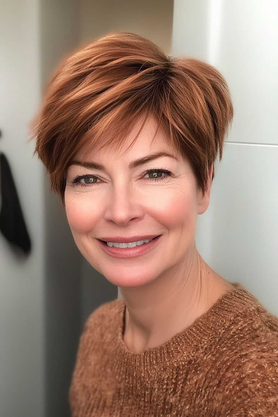 16. Sculpted Pixie with Light Chestnut Hue (Shorter Haircuts For Older Women) - Shorter Haircuts For Older Women
