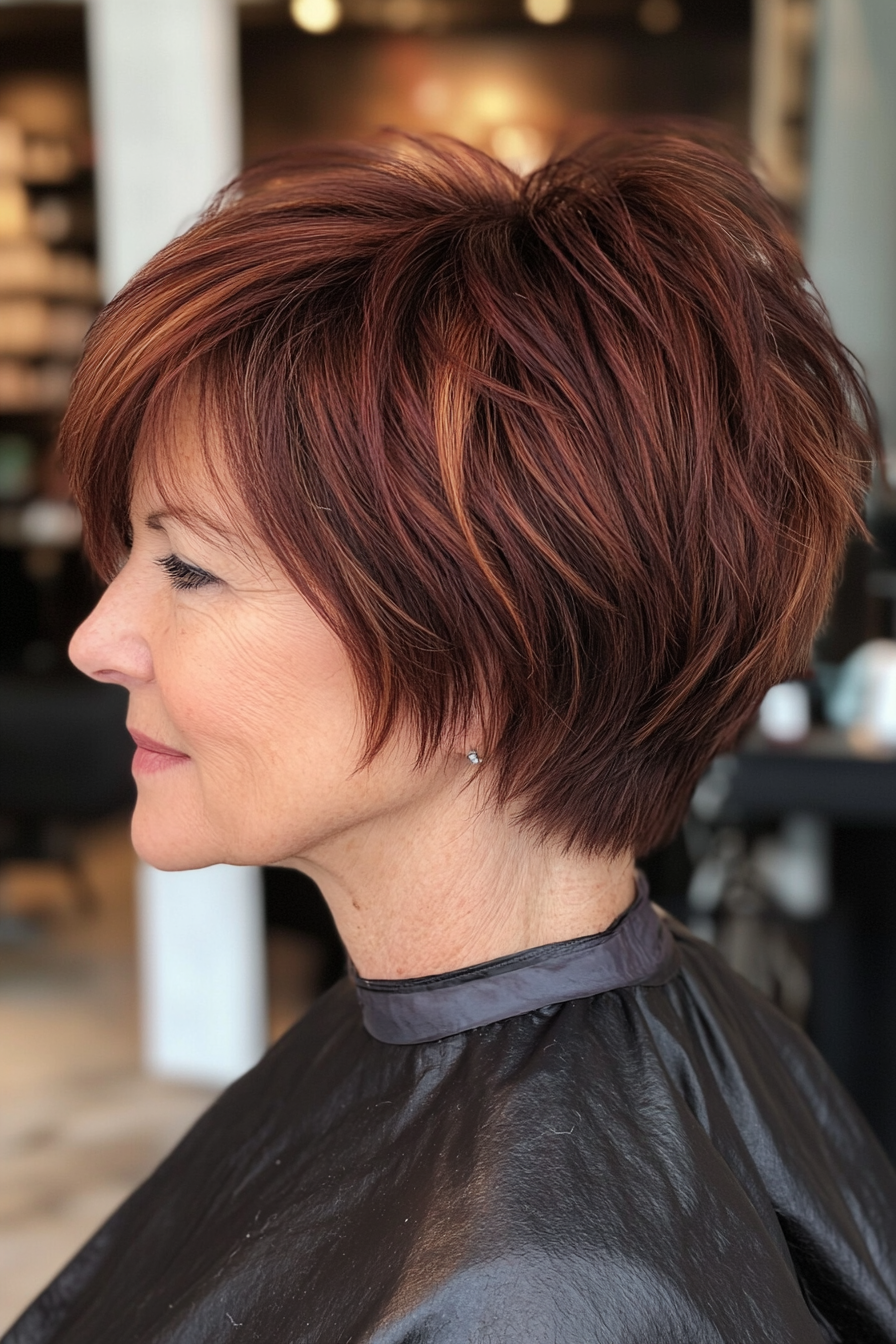 20. Layered Pixie with Dark Mahogany Tint (Shorter Haircuts For Older Women) - Shorter Haircuts For Older Women