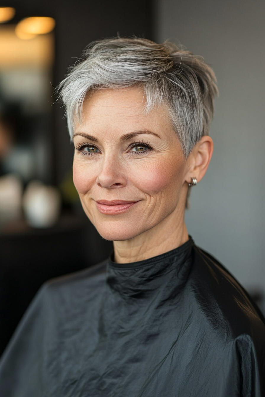 23. Modern Crop with Natural Gray Blending (Shorter Haircuts For Older Women) - Shorter Haircuts For Older Women