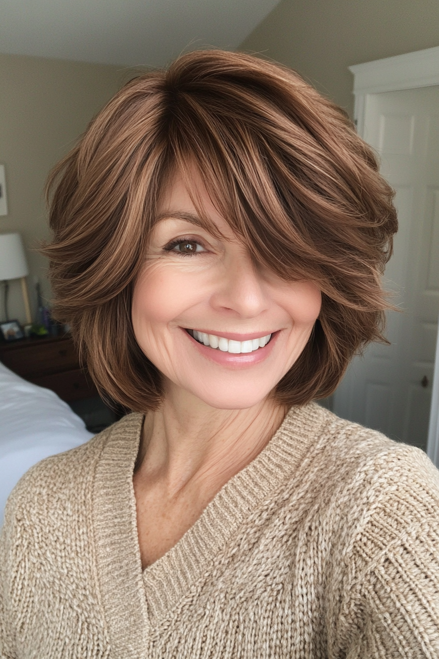 24. Short Textured Bob in Warm Brown (Shorter Haircuts For Older Women) - Shorter Haircuts For Older Women