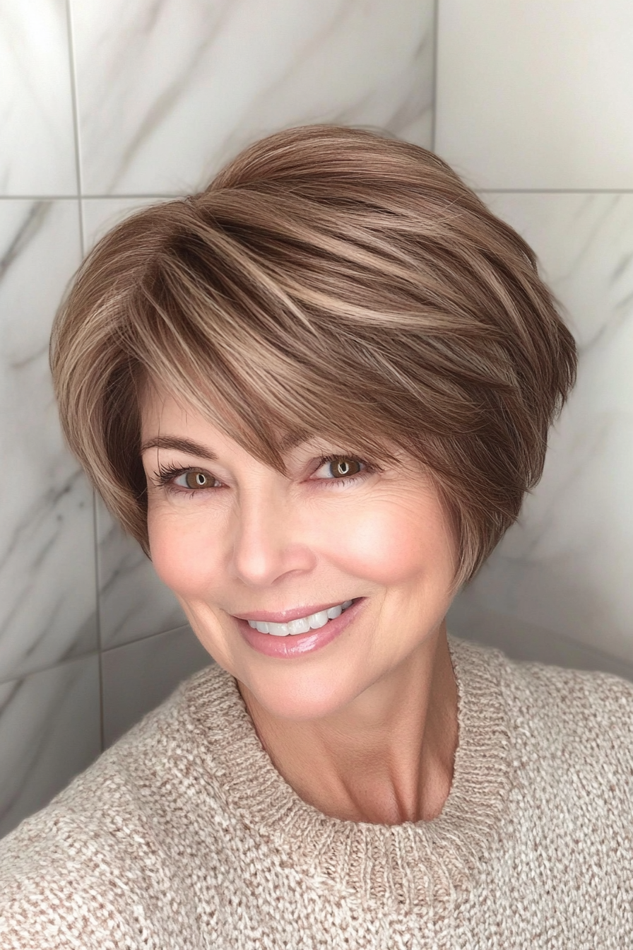 25. Pixie Bob with Fine Highlights in Light Brown (Shorter Haircuts For Older Women) - Shorter Haircuts For Older Women