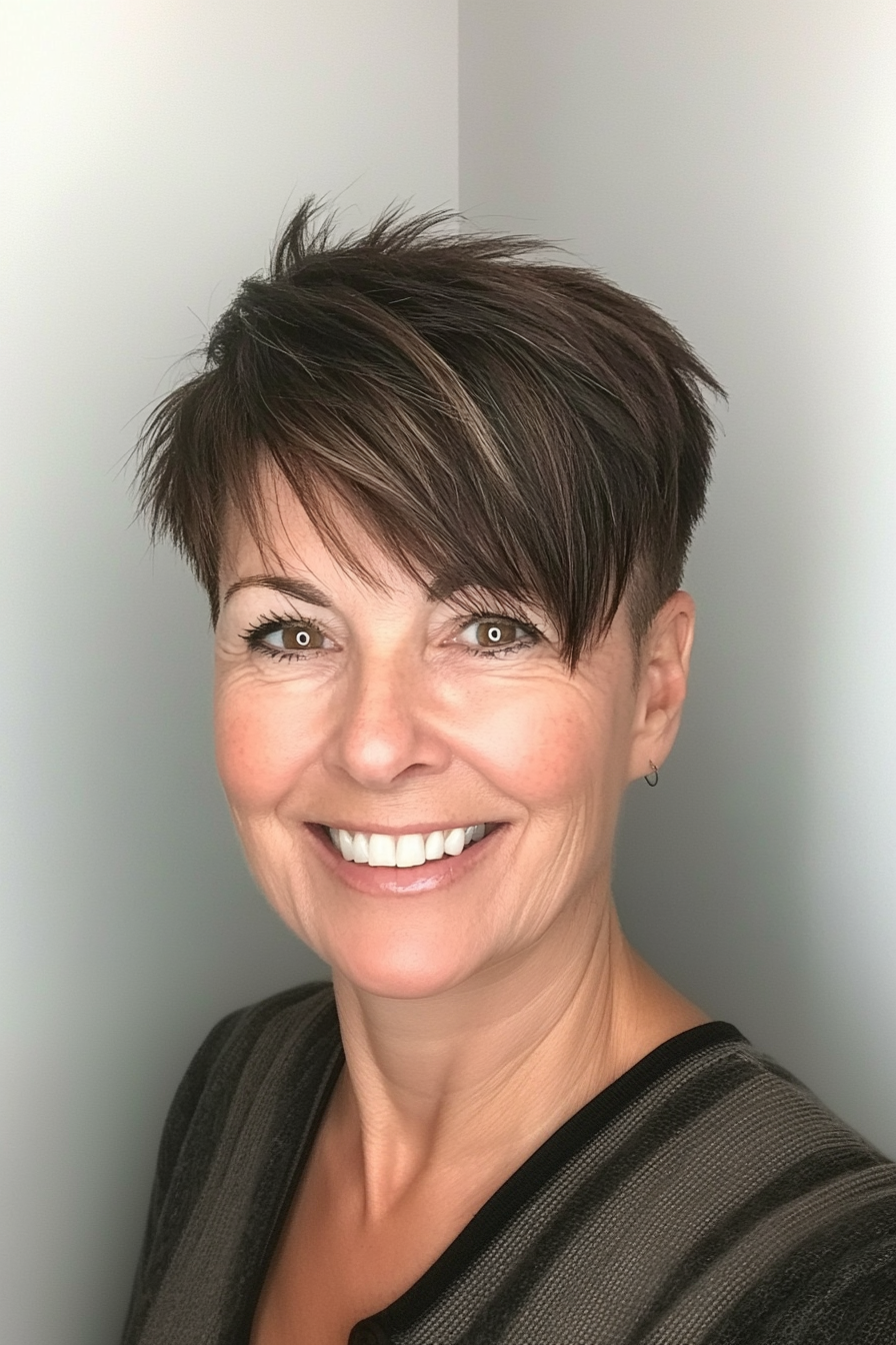 26. Soft Undercut Pixie in Cool Brunette (Shorter Haircuts For Older Women) - Shorter Haircuts For Older Women