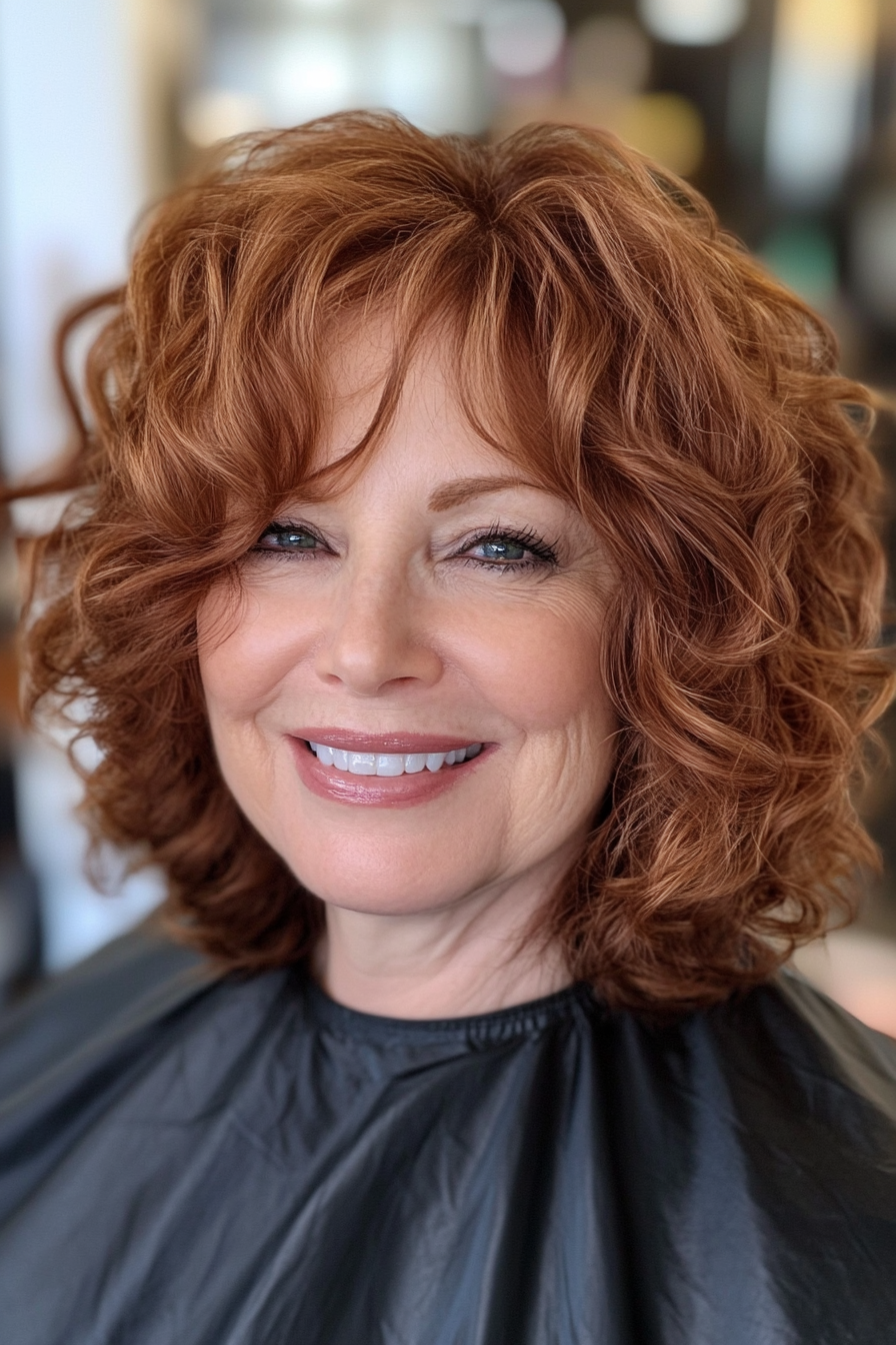 1. Layered Curly Bob in Warm Chestnut Brown (Hairstyles For Older Women With Curly Hair) - Hairstyles For Older Women With Curly Hair