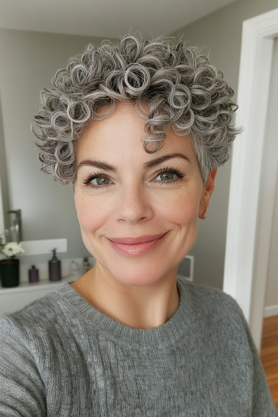 3. Salt and Pepper Spiral Pixie (Hairstyles For Older Women With Curly Hair) - Hairstyles For Older Women With Curly Hair