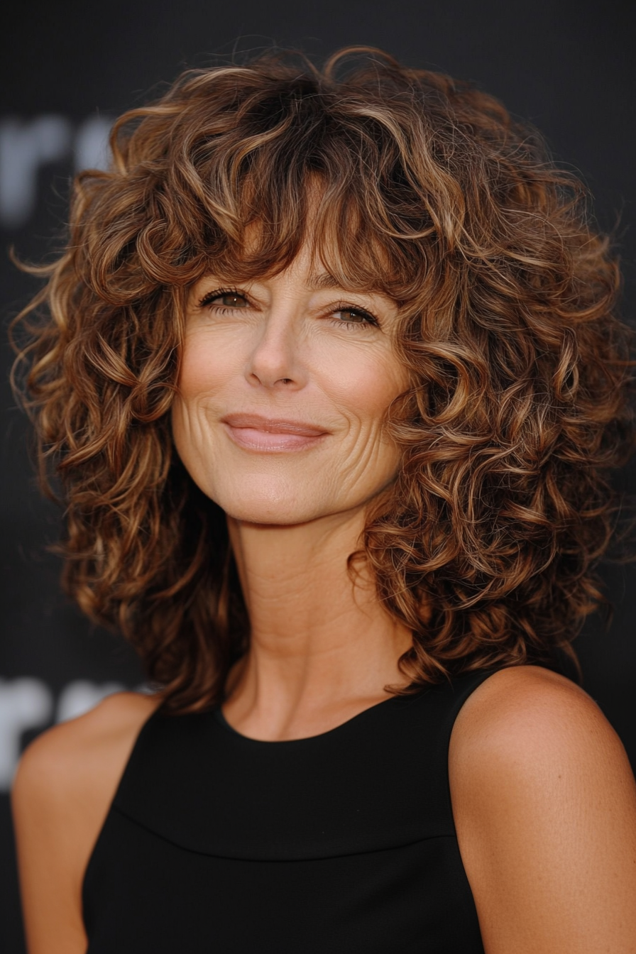 5. Curly Shag in Medium Golden Brown (Hairstyles For Older Women With Curly Hair) - Hairstyles For Older Women With Curly Hair