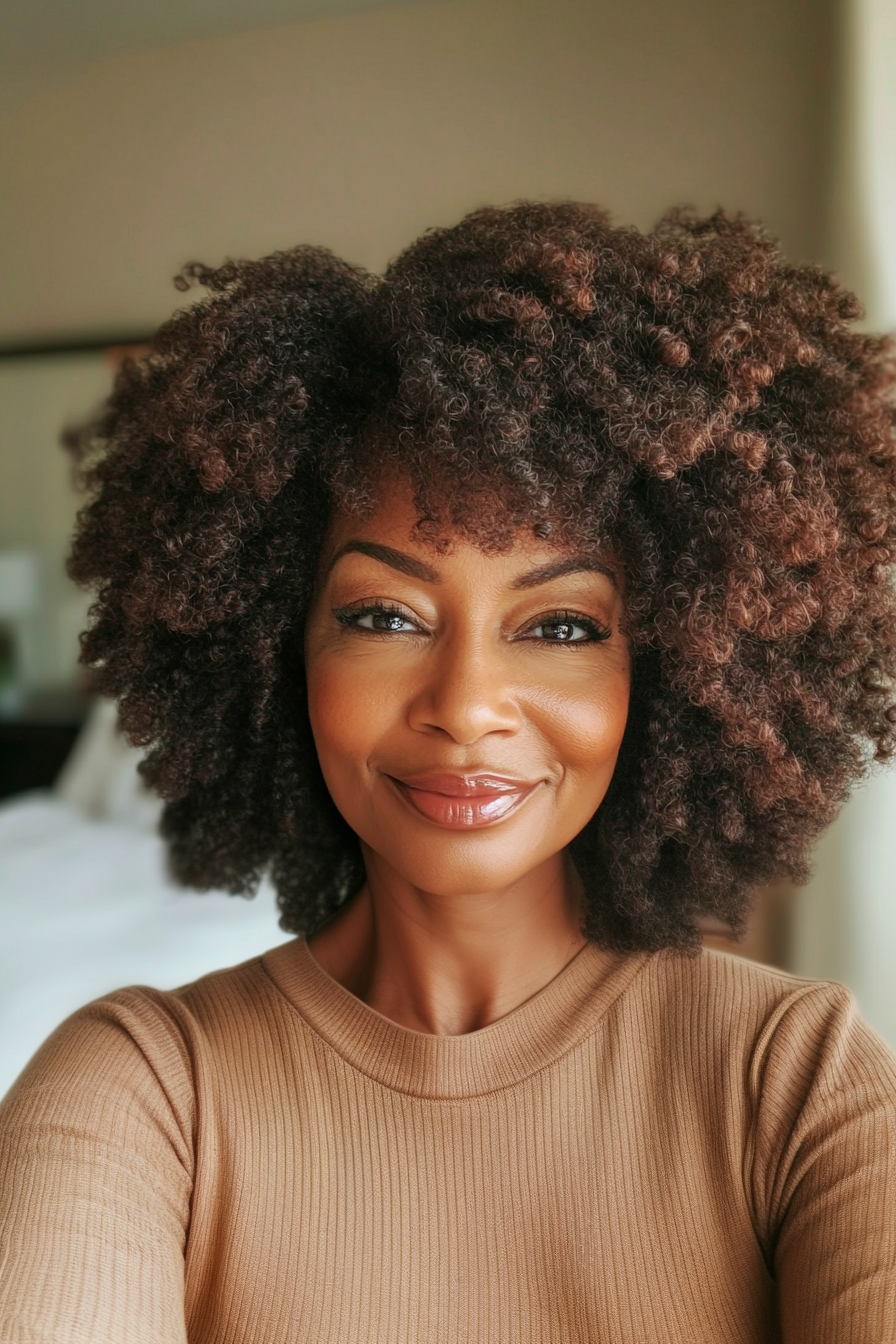 6. Rounded Afro in Deep Espresso (Hairstyles For Older Women With Curly Hair) - Hairstyles For Older Women With Curly Hair