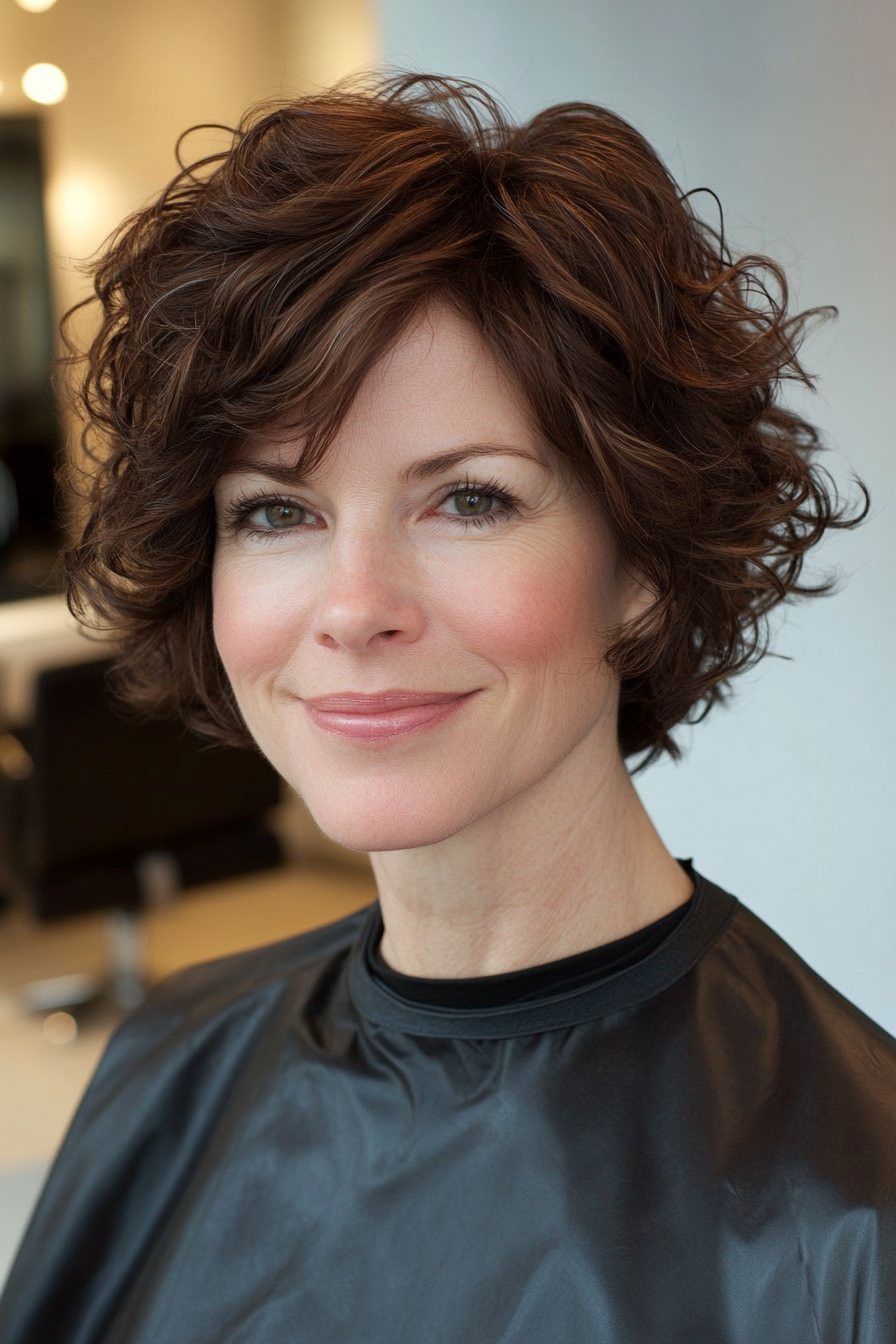 8. Angled Curly Lob in Dark Brown (Hairstyles For Older Women With Curly Hair) - Hairstyles For Older Women With Curly Hair