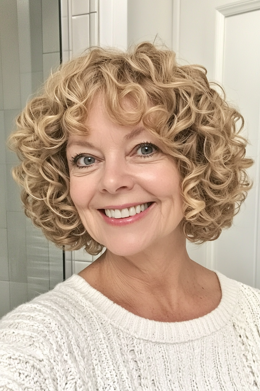 10. Chin-Length Curly Bob in Honey Blonde (Hairstyles For Older Women With Curly Hair) - Hairstyles For Older Women With Curly Hair