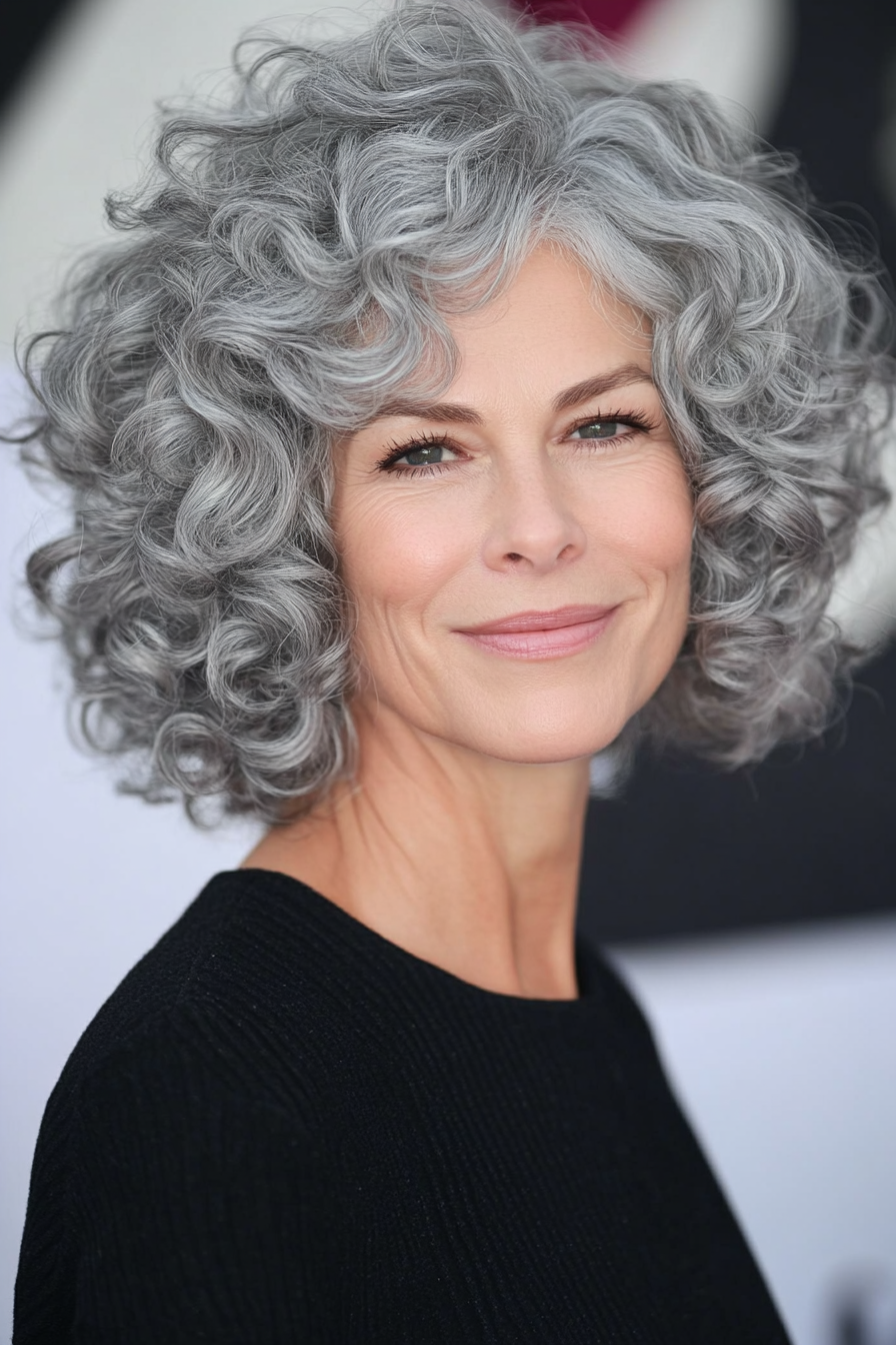12. Voluminous Curly Bob in Silver Gray (Hairstyles For Older Women With Curly Hair) - Hairstyles For Older Women With Curly Hair