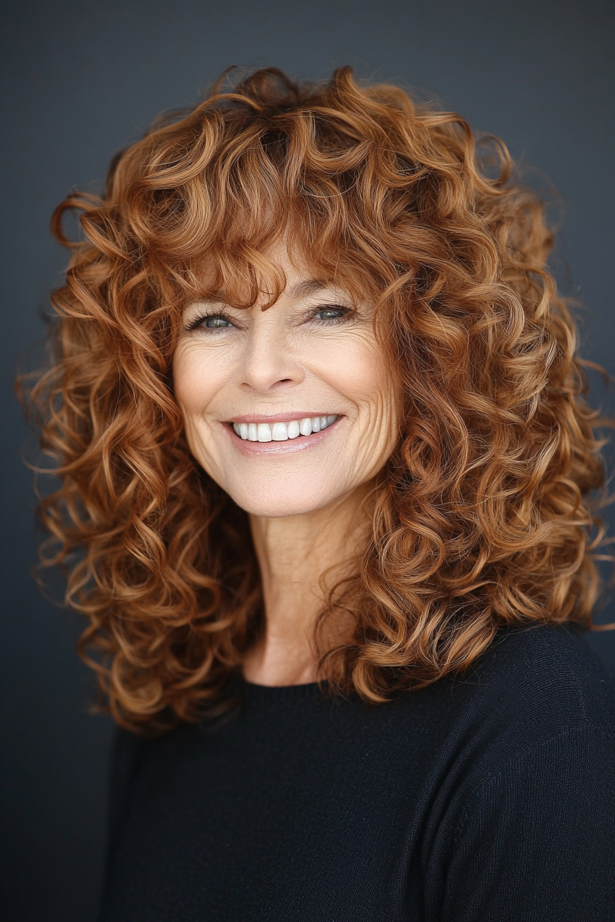 13. Layered Mid-Length Curls in Copper Brown (Hairstyles For Older Women With Curly Hair) - Hairstyles For Older Women With Curly Hair