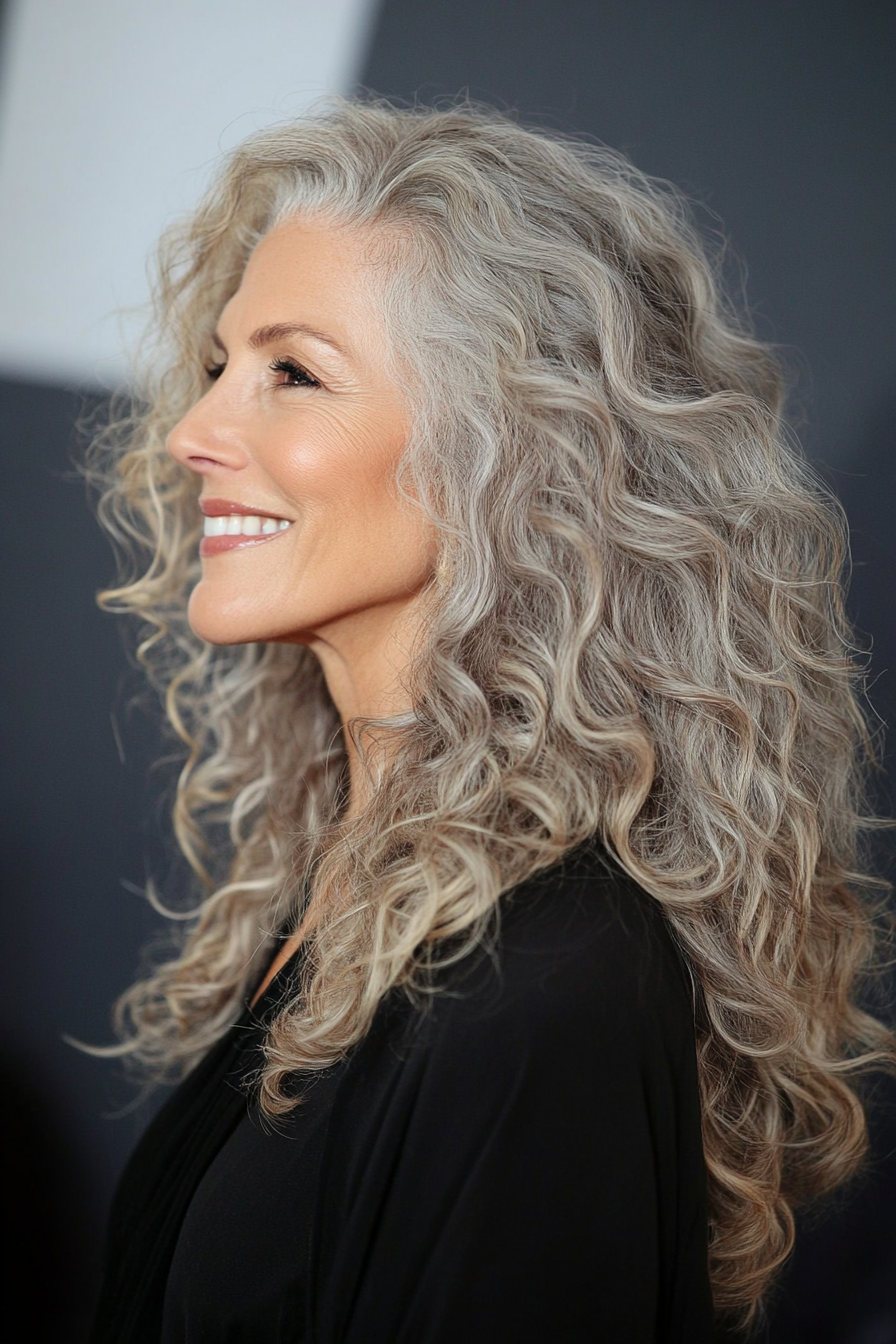 15. Loose Curls with Long Layers in Ash Blonde (Hairstyles For Older Women With Curly Hair) - Hairstyles For Older Women With Curly Hair