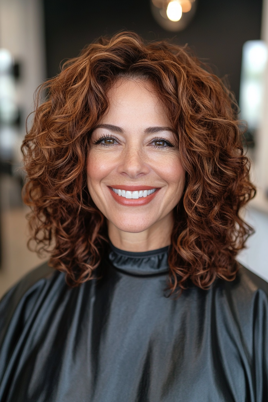 19. Full Shoulder-Length Curls in Mahogany (Hairstyles For Older Women With Curly Hair) - Hairstyles For Older Women With Curly Hair
