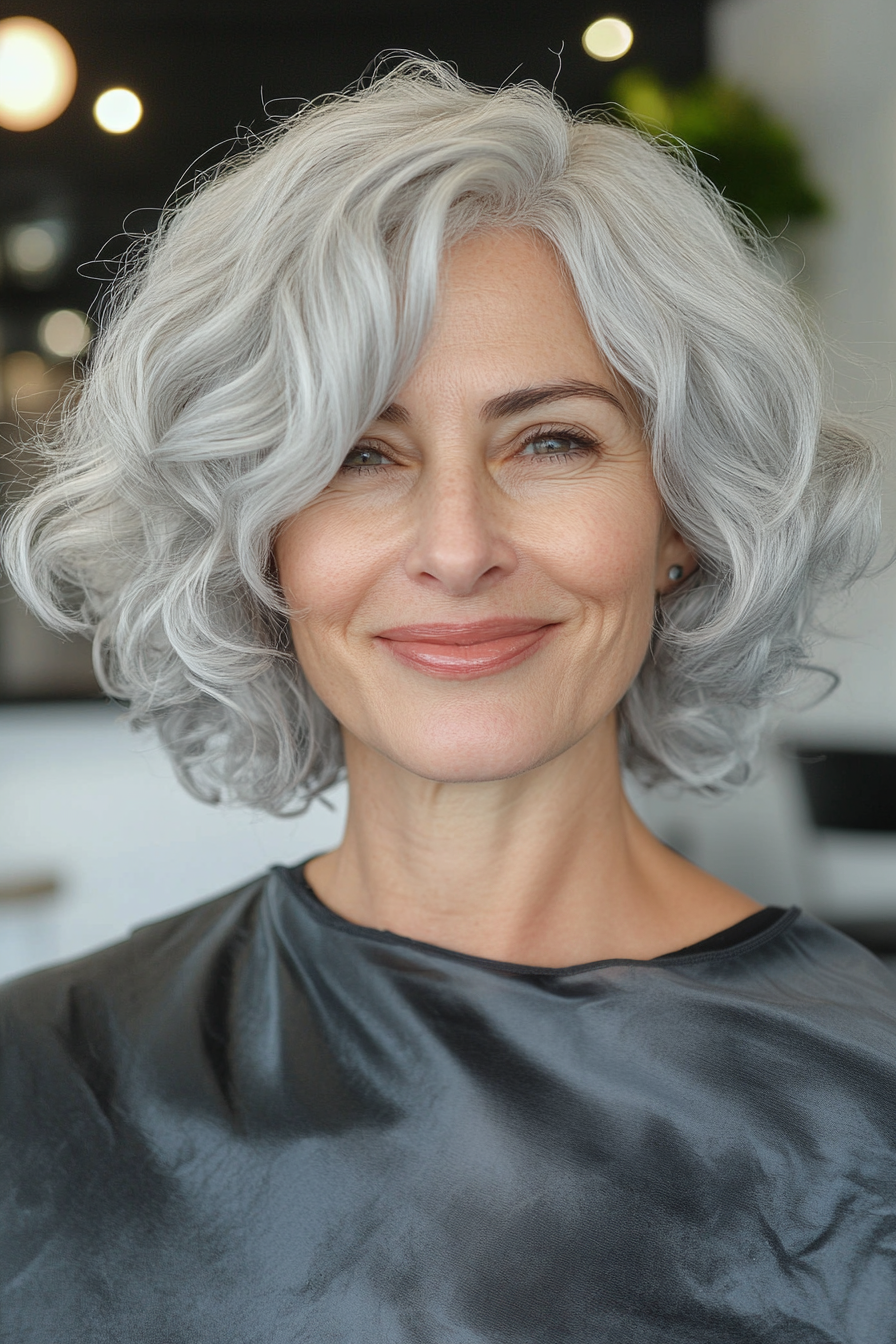 20. Short Curly Bob with Side Part in Soft Gray (Hairstyles For Older Women With Curly Hair) - Hairstyles For Older Women With Curly Hair