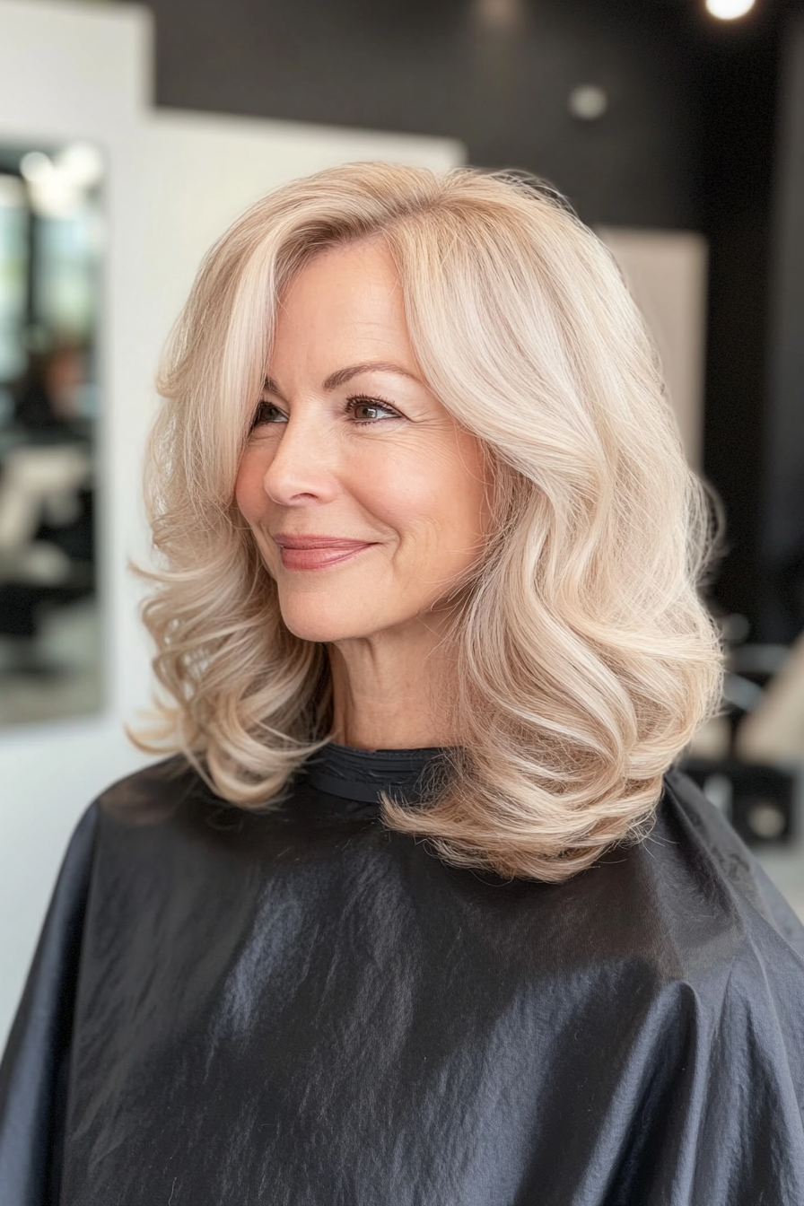 21. Layered Lob in Beige Blonde (Hairstyles For Older Women With Curly Hair) - Hairstyles For Older Women With Curly Hair