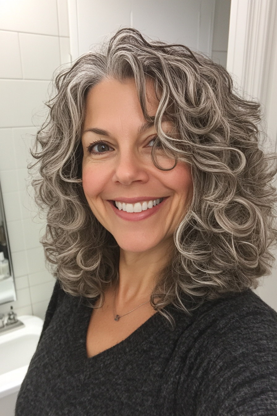 25. Mid-Length Curly Layers in Sandy Gray (Hairstyles For Older Women With Curly Hair) - Hairstyles For Older Women With Curly Hair