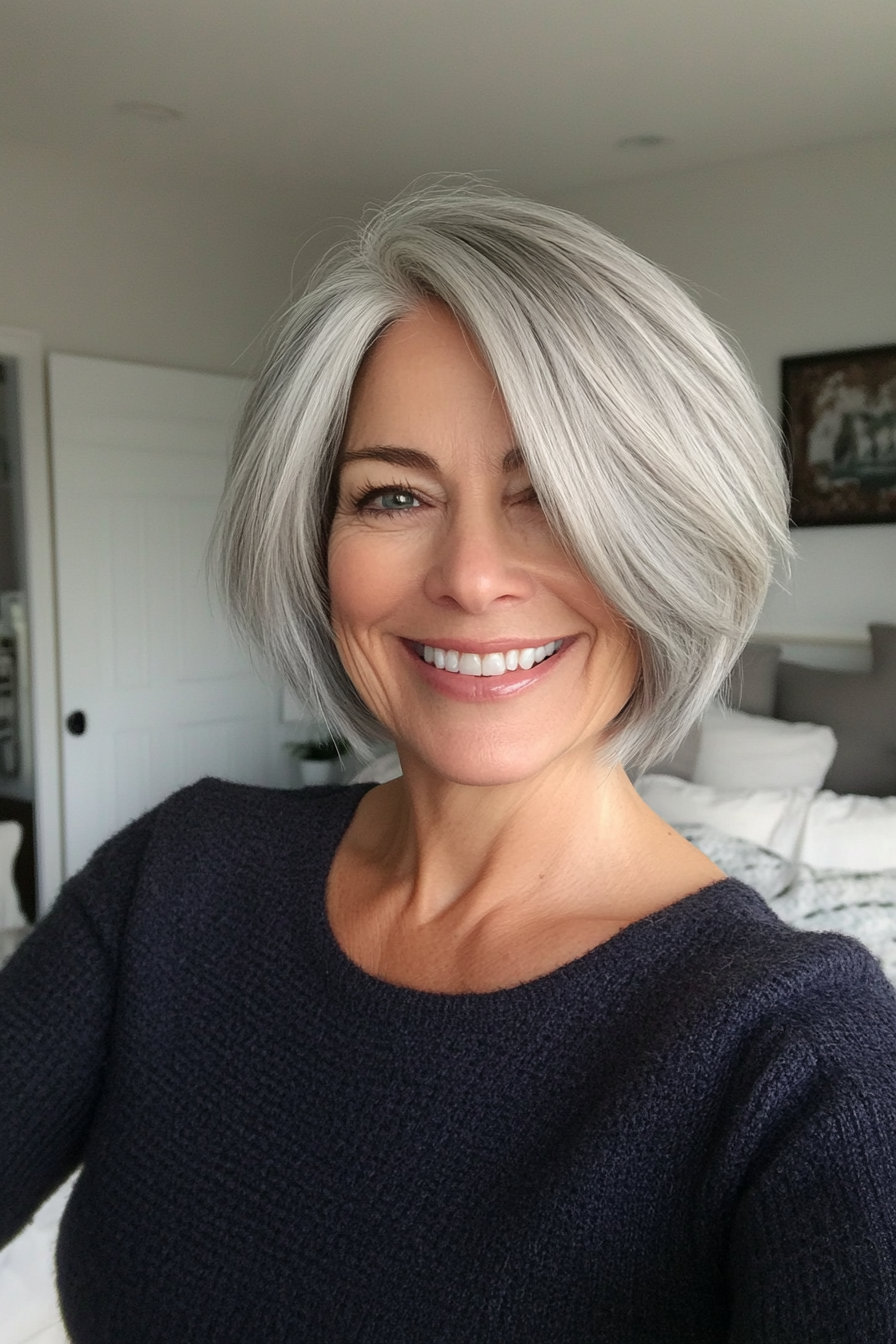 5. Layered Silver Gray Bob (Short Bob Hairstyles For Women Over 60) - Short Bob Hairstyles For Women Over 60