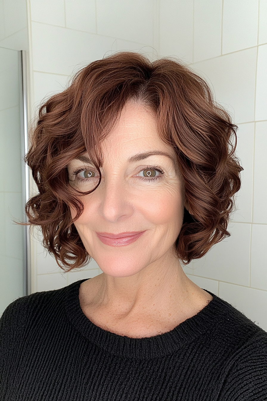 11. Curled Warm Chestnut Bob (Short Bob Hairstyles For Women Over 60) - Short Bob Hairstyles For Women Over 60