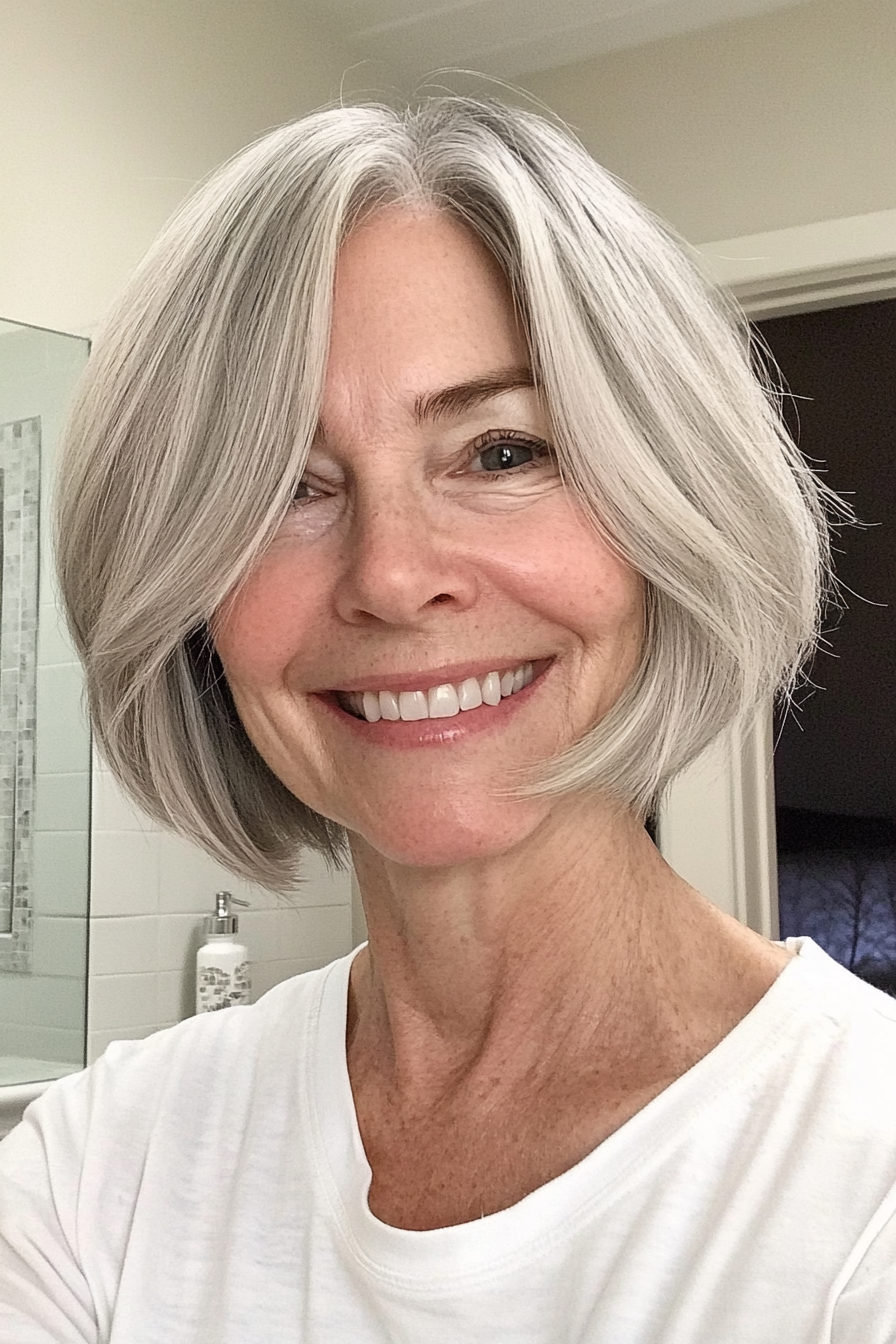 16. Flipped Sandy Gray Bob (Short Bob Hairstyles For Women Over 60) - Short Bob Hairstyles For Women Over 60