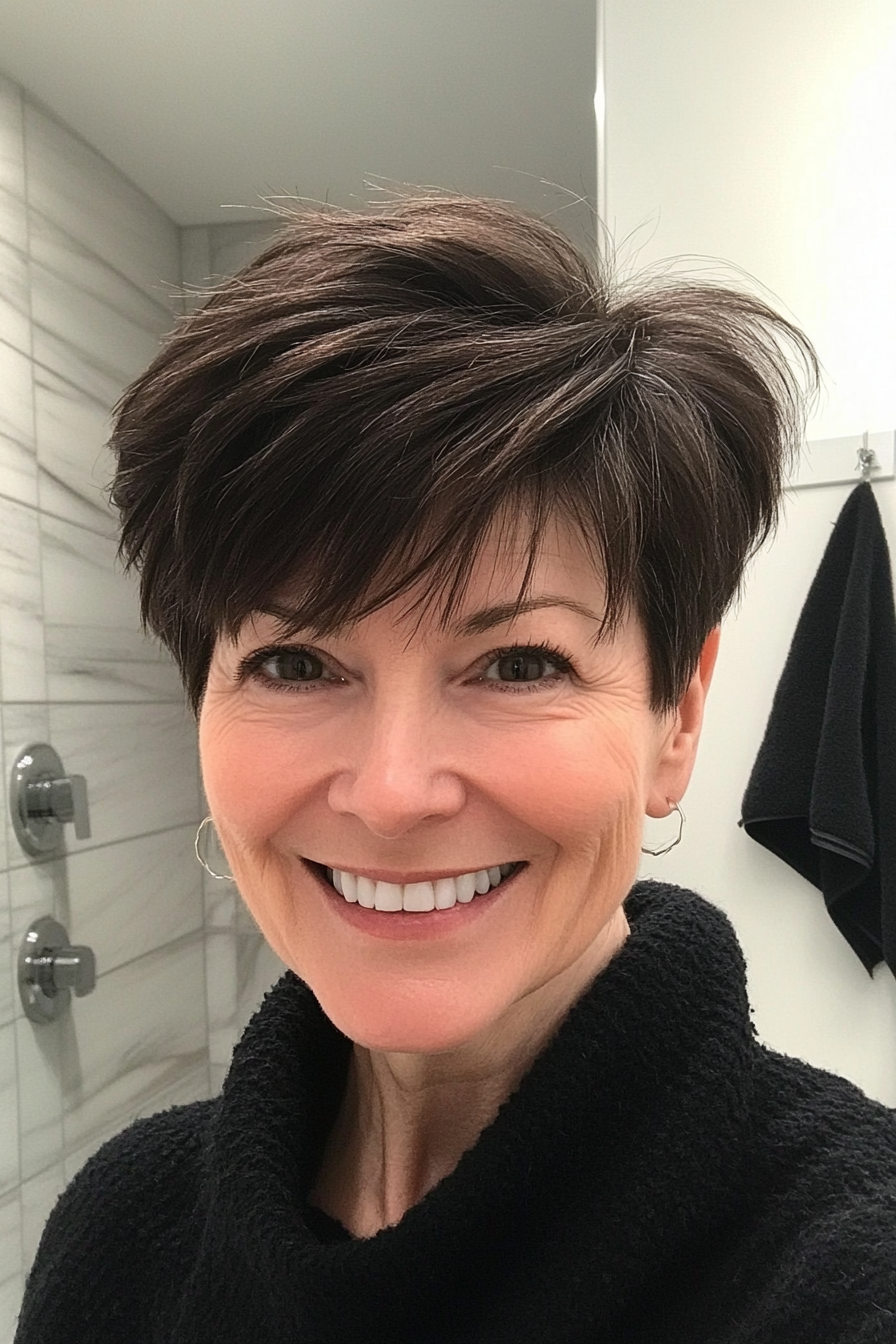 4. Choppy Pixie Cut with Dark Brown Depth (Short Haircuts For Women Over 50 With Fine Hair) - Short Haircuts For Women Over 50 With Fine Hair