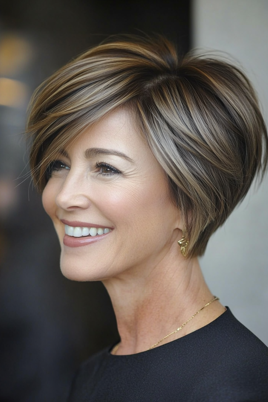 12. Side-Swept Cut in Ash Brown (Short Haircuts For Women Over 50 With Fine Hair) - Short Haircuts For Women Over 50 With Fine Hair