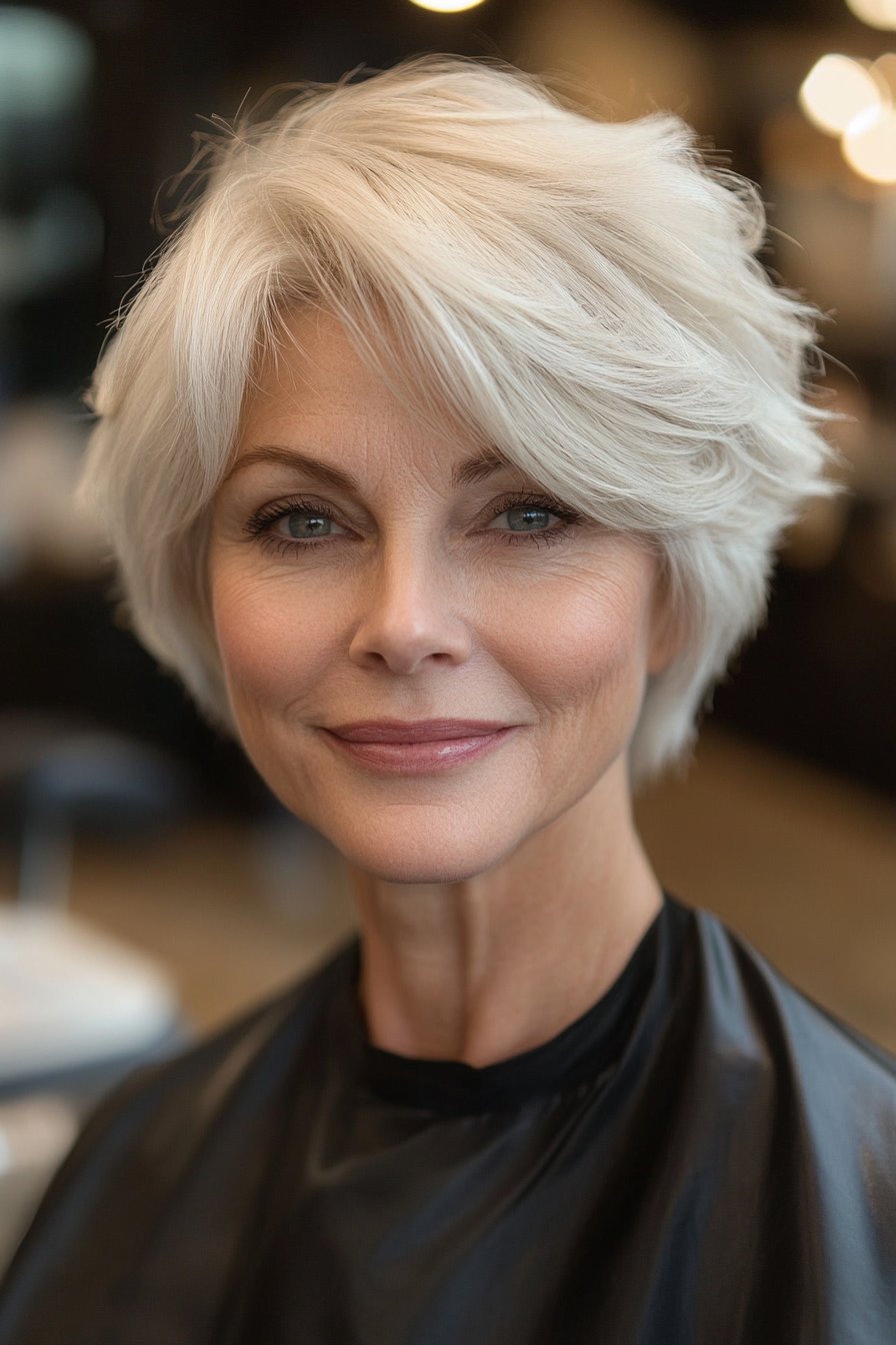 14. Layered Cut with White Blonde Tones (Short Haircuts For Women Over 50 With Fine Hair) - Short Haircuts For Women Over 50 With Fine Hair