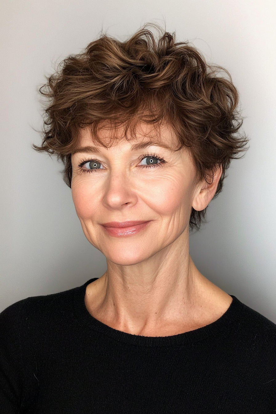 15. Cropped Curls in Medium Brown (Short Haircuts For Women Over 50 With Fine Hair) - Short Haircuts For Women Over 50 With Fine Hair