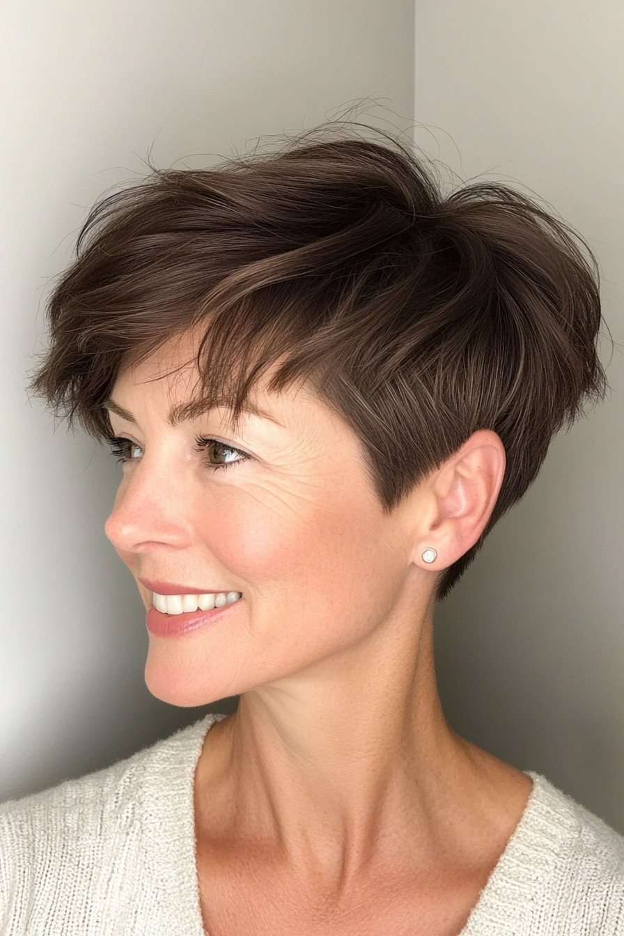 17. Razored Pixie in Cool Brunette (Short Haircuts For Women Over 50 With Fine Hair) - Short Haircuts For Women Over 50 With Fine Hair