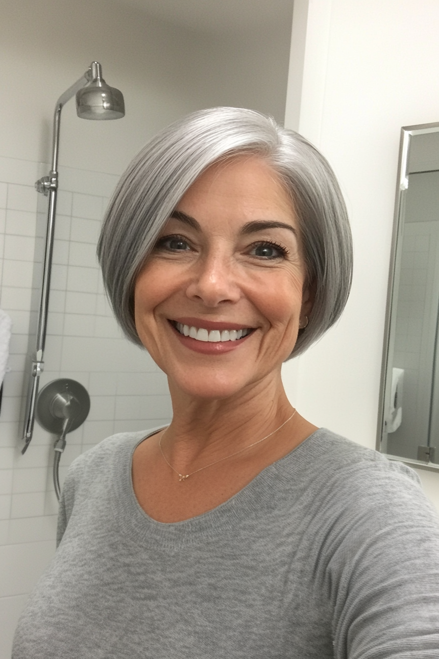 18. Chin-Length Cut in Natural Silver (Short Haircuts For Women Over 50 With Fine Hair) - Short Haircuts For Women Over 50 With Fine Hair