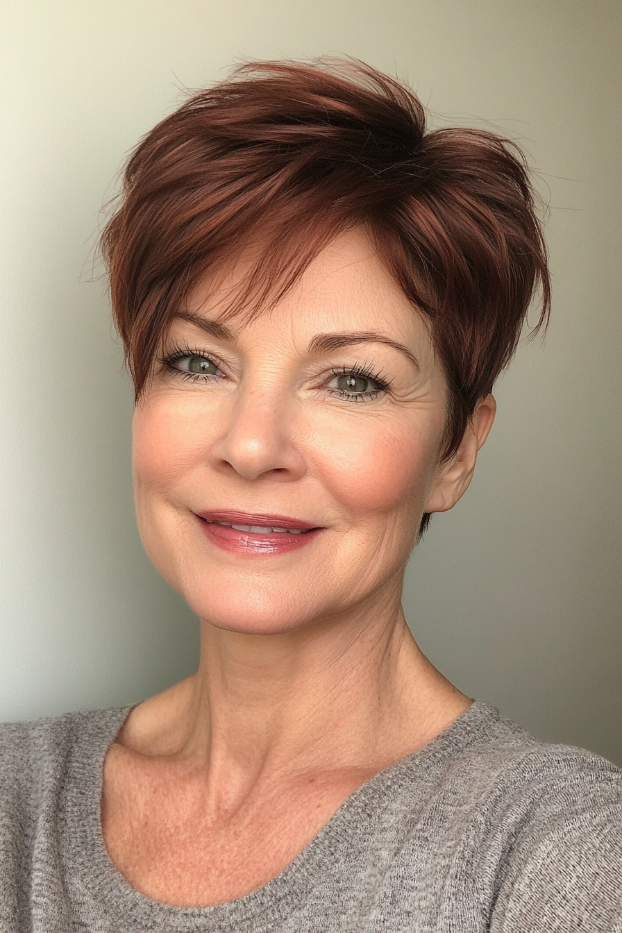 19. Lifted Crown Cut in Dark Auburn (Short Haircuts For Women Over 50 With Fine Hair) - Short Haircuts For Women Over 50 With Fine Hair