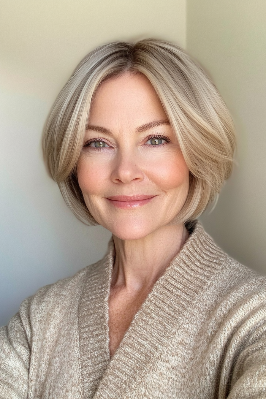 20. Rounded Bob with Beige Blonde Layers (Short Haircuts For Women Over 50 With Fine Hair) - Short Haircuts For Women Over 50 With Fine Hair
