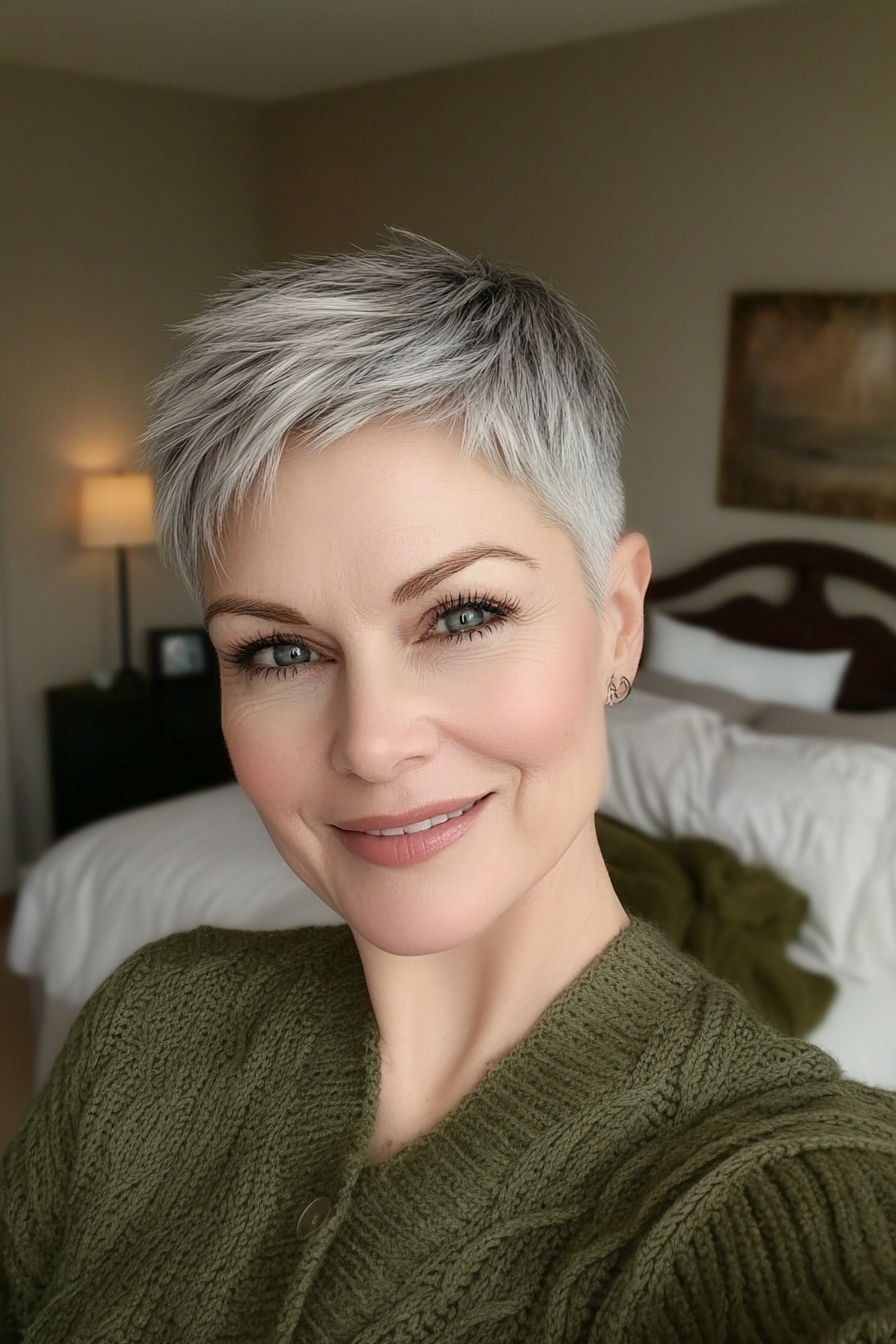 21. Sassy Crop in Salt-and-Pepper Gray (Short Haircuts For Women Over 50 With Fine Hair) - Short Haircuts For Women Over 50 With Fine Hair
