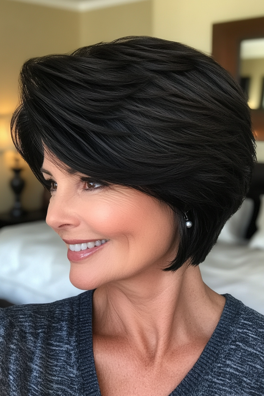 25. Short Layered Cut in Classic Black (Short Haircuts For Women Over 50 With Fine Hair) - Short Haircuts For Women Over 50 With Fine Hair