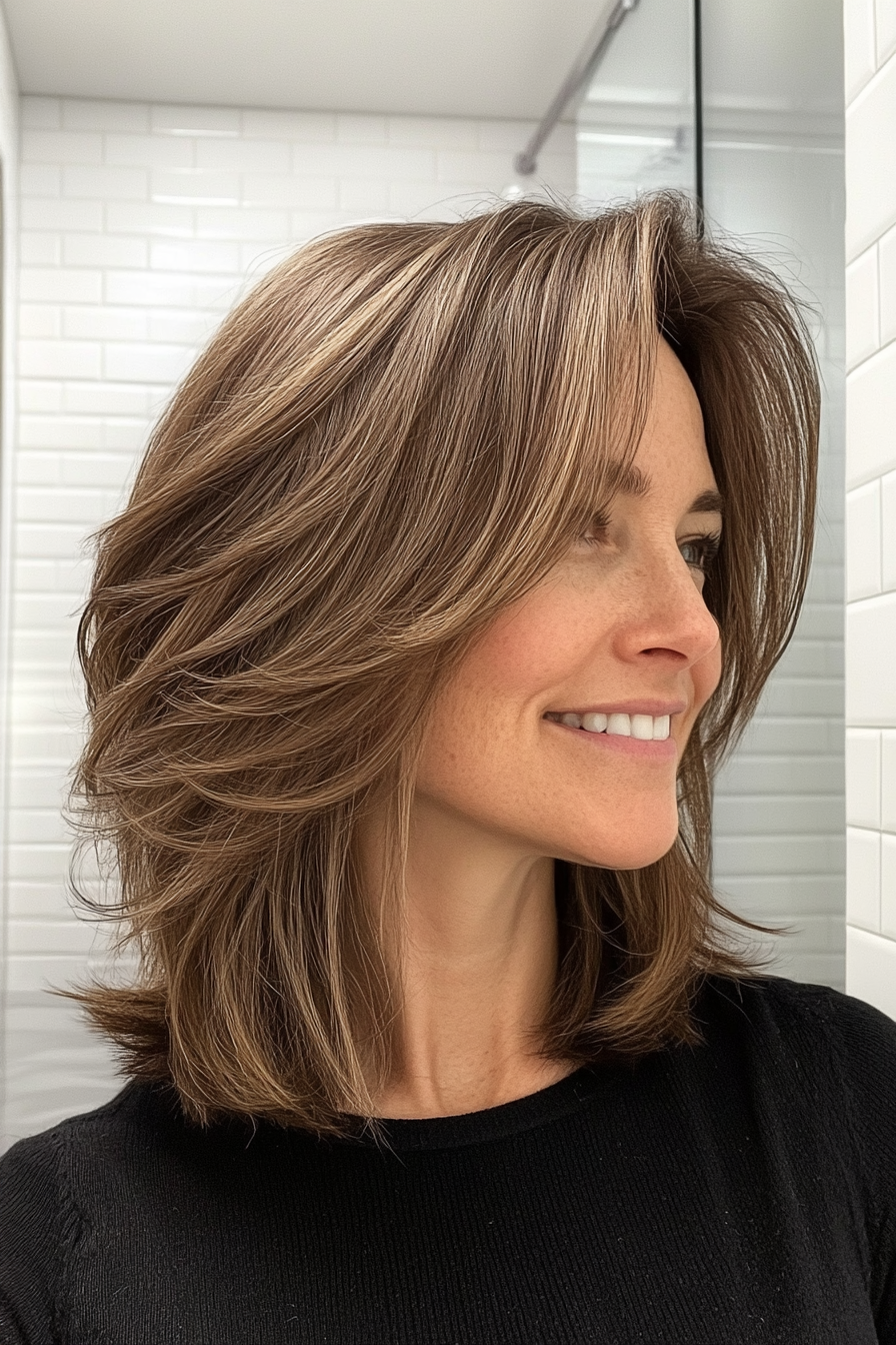 1. Ash Brown Feathered Lob (Mid Length Haircuts For Women Over 40) - Mid Length Haircuts For Women Over 40