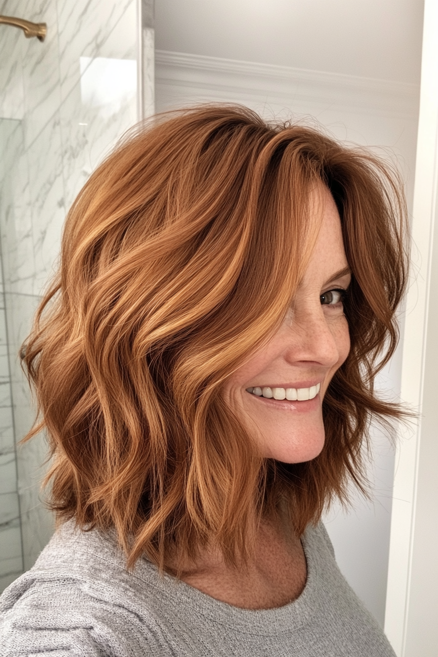 3. Warm Chestnut Choppy Mid Cut (Mid Length Haircuts For Women Over 40) - Mid Length Haircuts For Women Over 40