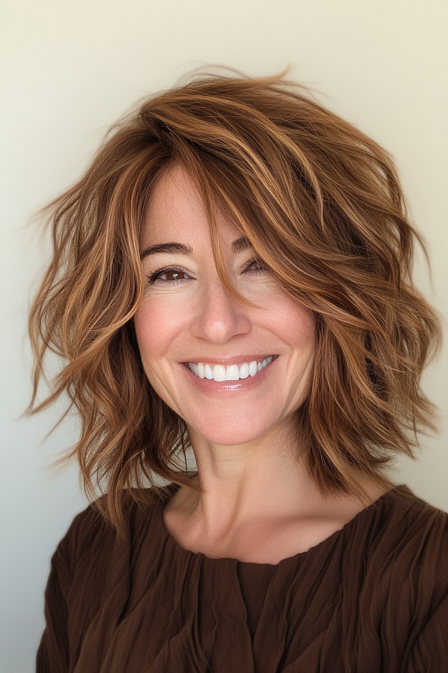 5. Caramel Brown Mid-Length Shag (Mid Length Haircuts For Women Over 40) - Mid Length Haircuts For Women Over 40