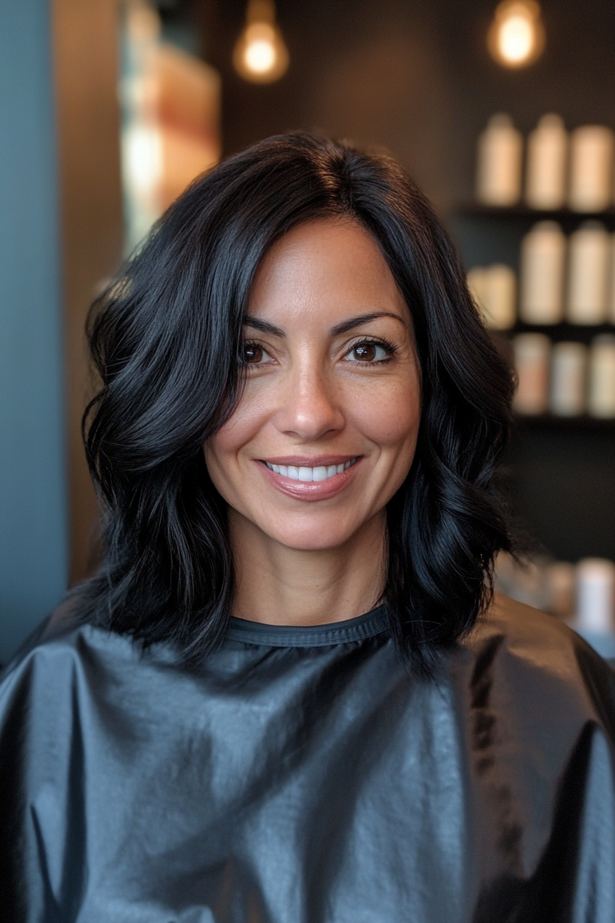 9. Soft Black Midi with Subtle Volume (Mid Length Haircuts For Women Over 40) - Mid Length Haircuts For Women Over 40