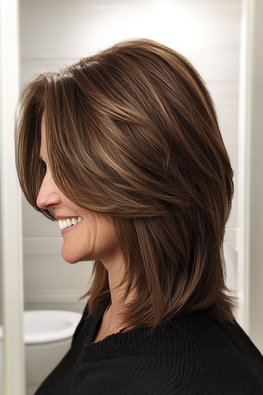 10. Maple Brown Layered Bob (Mid Length Haircuts For Women Over 40) - Mid Length Haircuts For Women Over 40