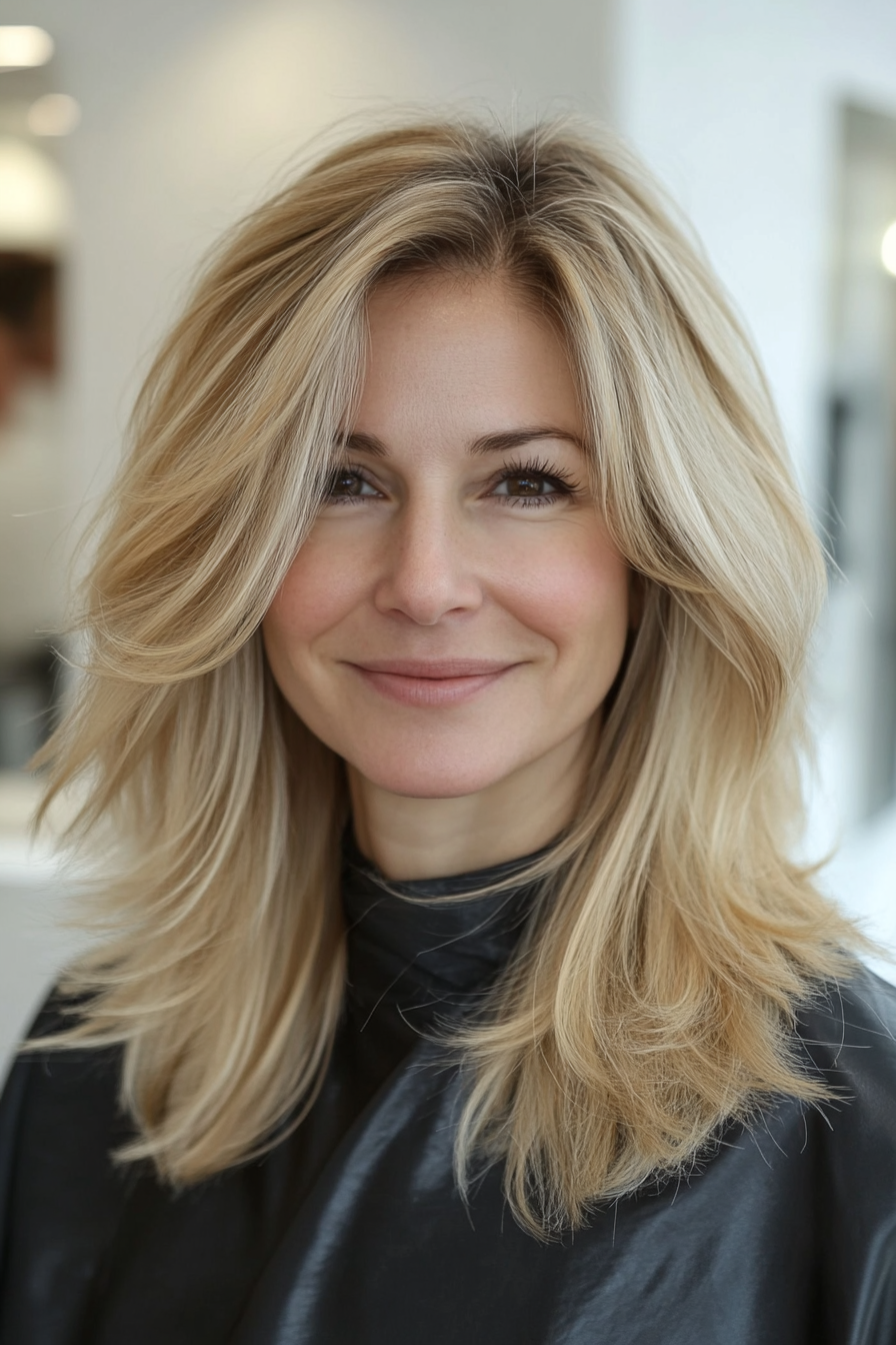 11. Buttery Blonde Midi with Wispy Ends (Mid Length Haircuts For Women Over 40) - Mid Length Haircuts For Women Over 40