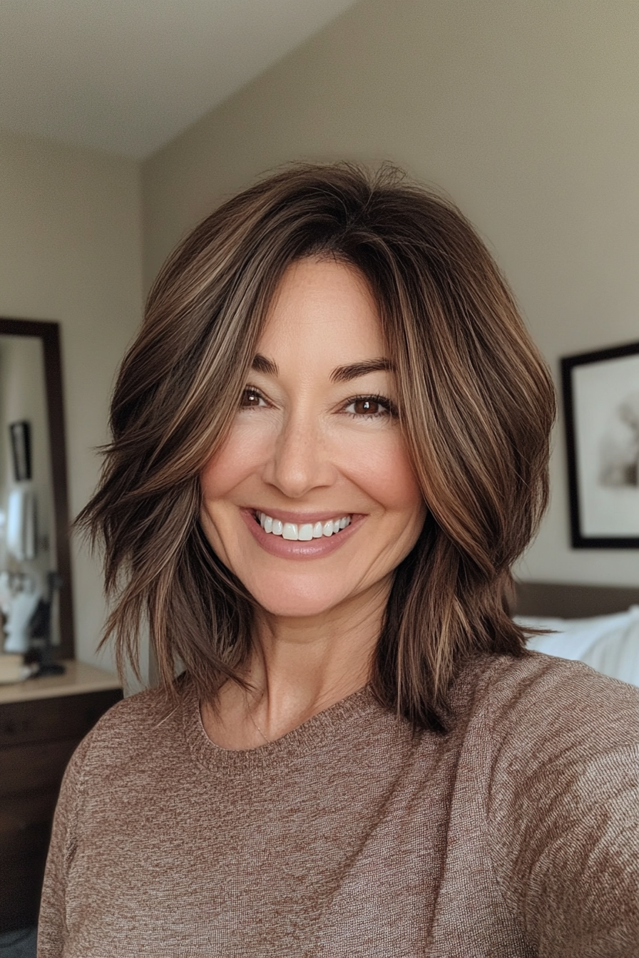 13. Neutral Brunette Swing Bob (Mid Length Haircuts For Women Over 40) - Mid Length Haircuts For Women Over 40